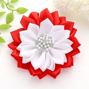 Red White Pearl Flower Brooch 5" Ribbon Pendant Pin Hairpin Statement Accessory